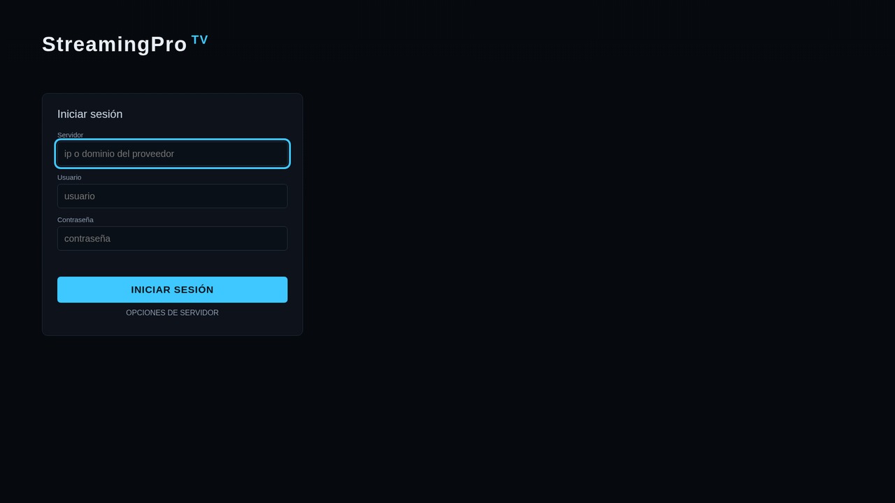 Pantalla de inicio de sesión de StreamingPro TV con los campos servidor, usuario y contraseña